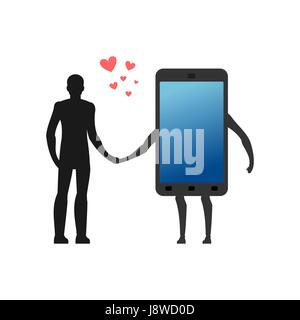 Lover of gadgets. Man and smartphone Hold on to hands. Always together device. I love my phone. Stock Vector