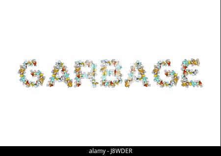 Garbage Lettering. Letters from Rubbish. trash typography. peel from banana and stub. Tin and newspaper. Bone and packaging. Crumpled paper and plasti Stock Vector