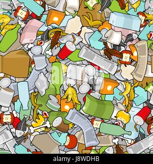 Garbage texture. Rubbish seamless pattern. trash ornament. litter background. peel from banana and stub. Tin and old newspaper. Bone and packaging. Cr Stock Vector
