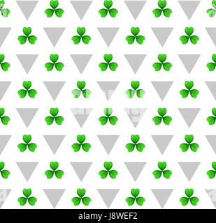 Shamrock, green lucky clover with three leaves. Sprig against white background with silver triangles. St Patricks Day geometry seamless pattern. tilea Stock Photo