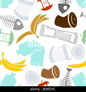 Rubbish seamless pattern. Garbage texture. trash ornament. litter background. peel from banana and stub. Tin and old newspaper. Bone and packaging. Cr Stock Vector