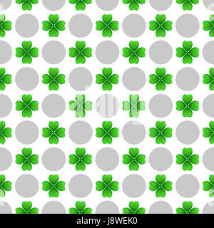 Green clover with four leaves and grey circles on white background. St Patricks Day geometry seamless pattern. tileable design element. Stock Photo