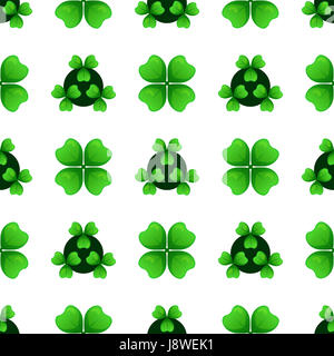 Green clover sprigs with four leaves and three-leafed shamrock. Plants against dark circles. St Patricks Day geometry seamless pattern. tileable desig Stock Photo