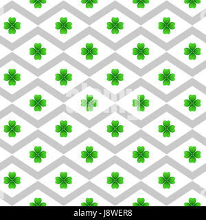 Green clover with four leaves. Sprig against white rhombus. St Patricks Day geometry seamless pattern. tileable design element. Stock Photo