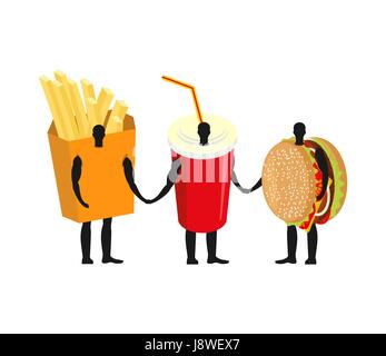 Fast food friends. French fries and hamburger. Drink in  red cup and burger to hold hands Stock Vector
