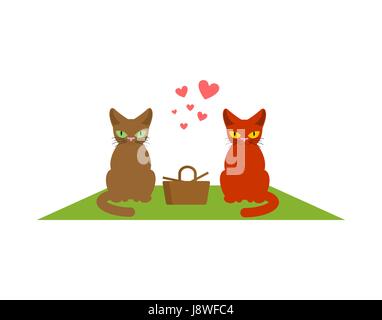 Cat lovers on picnic. Meal in nature. blanket and basket for food on lawn. Pet Romantic date. Cats lifestyle Stock Vector