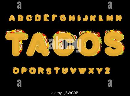 Tacos alphabet. Taco font. Mexican fast food ABC. traditional Mexico meal letter Stock Vector