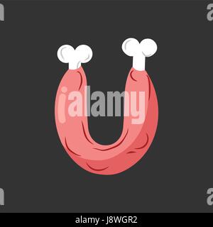 Letter U meat font. Pork and bone alphabet sign. Ham lettering. Beef ABC symbol Stock Vector