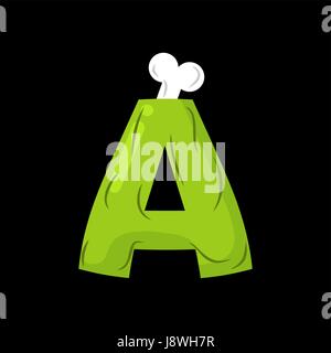 Letter A zombie font. Monster alphabet. Bones and brains lettering. Green Terrible ABC sign Stock Vector