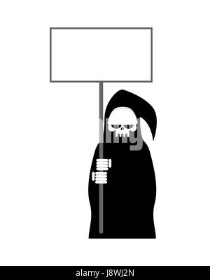 Grim Reaper with empty billboard plate. Death in hood hold white blank on white background Stock Vector