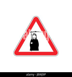 Attention death. Dangers of red road sign. Grim Reaper Caution Stock Vector
