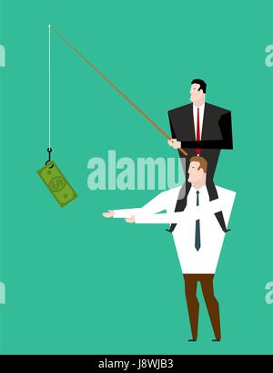 Business motivation. Boss sitting on shoulders of manager. Dollar on fishing rod. Businessman motivates Stock Vector
