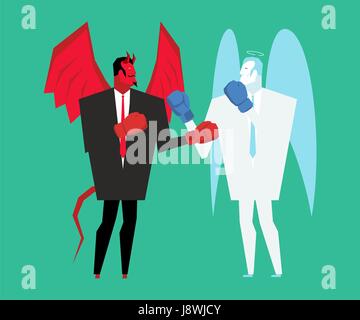 Fight devil and angel. Satan and god is boxing. Archangel and demon fighting Stock Vector