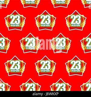 Red Star and 23 February seamless pattern. Background for feast of military in Russia. Text to Russian translate: 23 February. Ornament for congratula Stock Vector