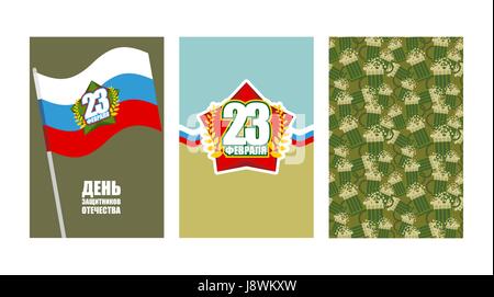 Set cards for 23 February. Defender of fatherland day in Russia. National holiday of Russian army. Russian flag and green star. Seamless pattern from  Stock Vector