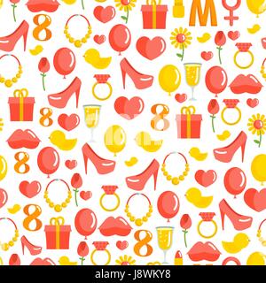 8 March seamless pattern. Background of gifts for holiday. Kiss and heart. Rose and ring. Glass of champagne and balloon. International women's day. Stock Vector