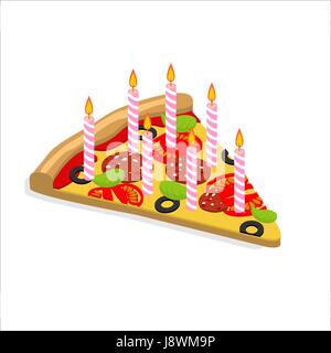 Holiday candles pizza with isometrics. Birthday fast food. Food is food for  birthday. Festive meal Stock Vector