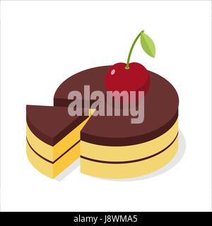 Cake slice with cream and cherries. Cute illustration in cartoon flat ...
