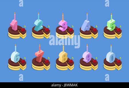 Birthday number candles and cake set. Celebratory chocolate pie with cherries. Piece of dessert  isometrics. Set of numbers for anniversary Stock Vector