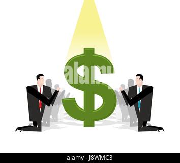 Businessman praying to dollar. Financial idol. Worship of money. Prayer cash. People are standing on their knees in front of dollar sign. Allegory ill Stock Vector