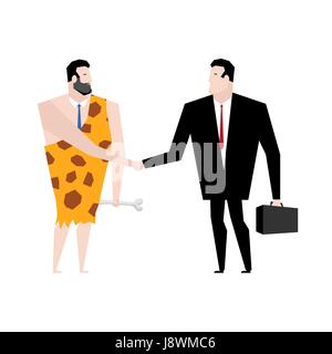 Businessman and ancient people make deal. tradel with Businessman prehistoric. Young and old manager shake hands. Handshake with Neanderthals. Agreeme Stock Vector
