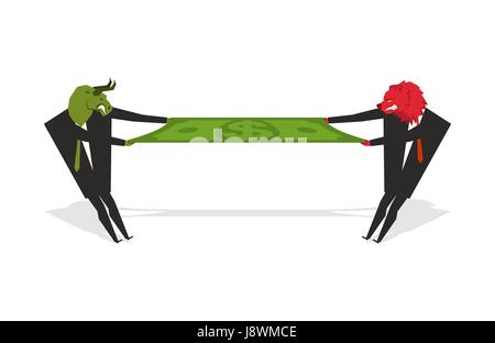 Bull and Bear share profits. Two businessmen pulling  dollar. Traders Section revenue. Man in business suit tearing money. Players exchange Finance Se Stock Vector