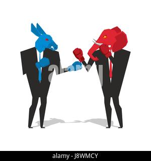 Donkey and elephant are boxing. Democrat and Republican fight. Businessmen combat in business suit and boxing gloves. Battle of the red and blue donke Stock Vector