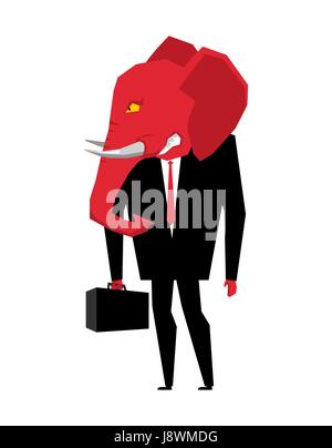 Elephant Republican politician. Metaphor of political party of USA. Wild animal with briefcase and tie. Beast in business suit. Illustration for elect Stock Vector