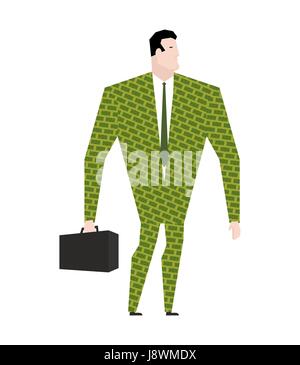 Businessman in suit of dollars. Money Clothing. Trendy Office plankton. Boss on white background. Male businessman isolated Stock Vector