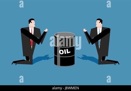 Businessman praying for oil barrels. Prayer oil quotations. People are standing on their knees in front of black gold. Allegory illustration for magaz Stock Vector