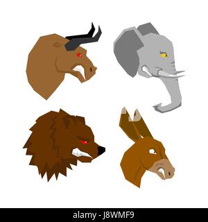 Angry animal set. Aggressive bull with red eyes. Scary elephant with tusks. Horrible bear with grin. Ferocious donkey with long ears. Wild animals Stock Vector