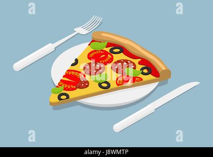 Piece of Pizza isometrics. 3D Italian food on plate. Cutlery fork and knife. Kitchenware. Pizza ingredients tomatoes and cheese, sausage and spinach Stock Vector