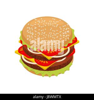 Hamburger isometrics. Sandwich of patties and cut roll. 3d fast food. Fresh juicy food. Ingredients: steak and onions, cheese and tomatoes Stock Vector