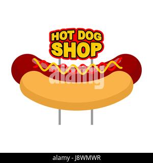 Hot dog shop signboard. Big juicy sausage and bun name for fast food restaurant. Traditional American food Stock Vector