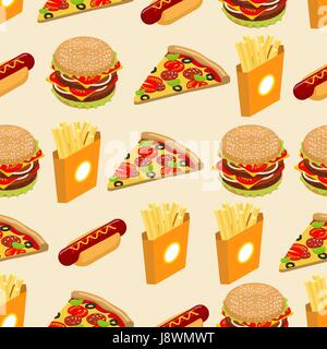 Fast food seamless pattern. Hot dog background. Juicy big hamburger. Hot french fries in paper box. Italian pizza with cheese and sausage and tomatoes Stock Vector