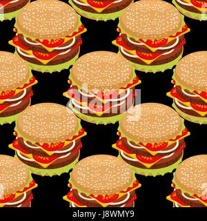Hamburger seamless pattern. Sandwich of  patties and cut roll. fast food background. Fresh juicy burger texture. Ingredients: minced steak and onions, Stock Vector