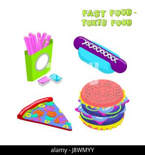 Fast food -  toxic food. Illustration about dangers of fast food. Purple potato slices. Blue sauce. Harmful hamburger. Blue hot dog. purple pizza Stock Vector