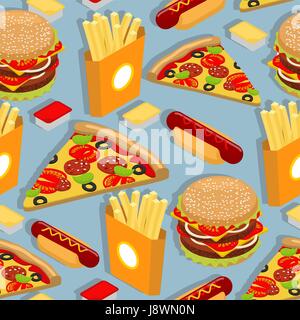 Fast food seamless pattern. Hot dog background. Juicy big hamburger. Hot french fries in paper box. Italian pizza with cheese and sausage and tomatoes Stock Vector