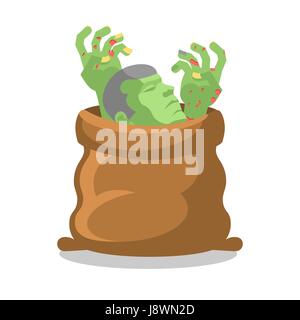 Zombies in sack. Dismembered corpse in bag. Hands and head of clod. Packing for walking dead Stock Vector