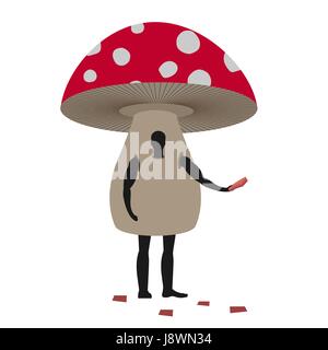 Mushroom man mascot promoter. Male in suit amanita distributes flyers. Puppets fungus engaged in advertising goods Stock Vector