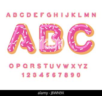 Donut ABC. pie alphabet. Baked in oil letters. icing and sprinkling. Edible typography. Food lettering. Doughnut font Stock Vector