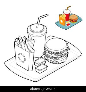 Fast food coloring book. Food in linear style. Big fresh hamburger. Delicious Frying potatoes. Cold drink Red disposable paper cup with straw. Cheese  Stock Vector