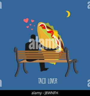 Lover taco. Mexican food and people are looking at moon. Date night. Man and meal sitting on bench. Month in night dark sky. Romantic illustration fee Stock Vector