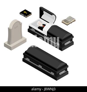 Funeral set. Dead man in coffin. Open black casket with dead. Holy Bible and hymnal. Tombstone and grave Stock Vector