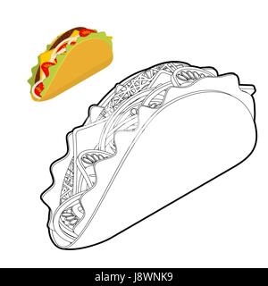 Taco coloring book. Traditional Mexican food in linear style. Tortilla chips and onion. Tomato and fresh meat Stock Vector