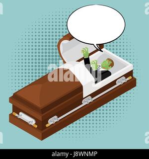 Zombies in coffin in pop art style. Green dead man in wooden shell and bubble for text. Corpse in open casket for burial. Deceased with cadaveric spot Stock Vector