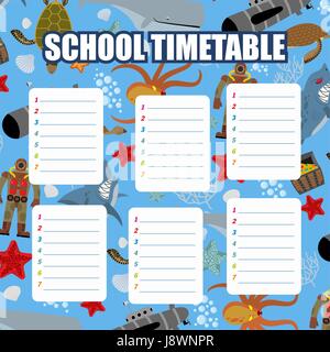 School timetable. Schedule. Back to school. Underwater World: Shark and Whale. Diver and turtle. Submarine and corals Stock Vector