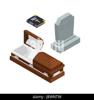 burial set. Open wood coffin with dead. Holy Bible. Tombstone and grave Stock Vector