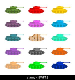 Set multicolored Tanks. Military equipment on white background, armored combat vehicle, tracked with cannon armament. Color Army trucks Stock Vector