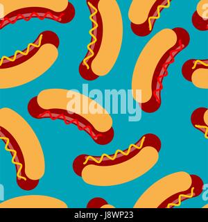 Hot dog pattern. Sausage roll and seamless ornament. Sausage and ketchup texture. Background of food. fast food Stock Vector